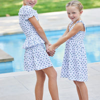 Little English traditional girl's clothing, Blue and red floral dress and skirt set, 4th of July outfit for girls