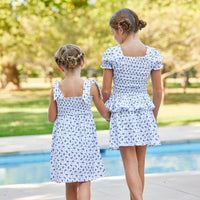 Little English traditional girl's clothing, Blue and red floral dress and skirt set, 4th of July outfit for girls