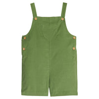 Little English classic shortall for little boys. Watercress green corduroy shortall with wood button details and small pocket in the center