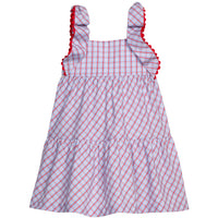 Little English traditional children's clothing. Patriotic red and blue plaid dress for girls with flutter sleeves with ricrac trim. 4th of July outfit for girls.