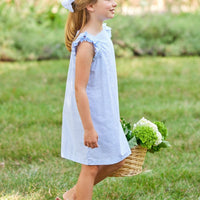 Little English traditional children's clothing. Light blue and white check seersucker dress for girls for Spring and Summer