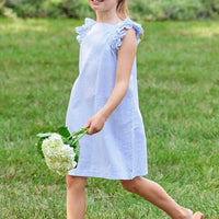Little English traditional children's clothing. Light blue and white check seersucker dress for girls for Spring and Summer