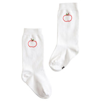 little english classic childrens clothing, unisex white knee high socks with embroidered apples