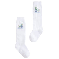 Little English classic kids clothing, white knee high socks with blue and green mallard duck embroidery for little girls and boys