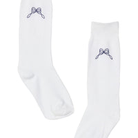 Little English classic kids clothing, white knee high socks with navy bow embroidery for little girls