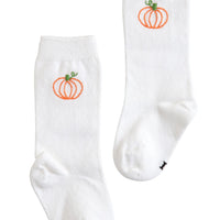 Little English classic kids clothing, white knee high socks with orange pumpkin embroidery for little girls and boys