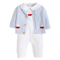 Little English traditional baby clothing, signature pima cotton crochet playsuit with sailboat for baby boy