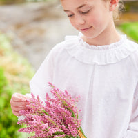 Little English traditional children's clothing. Ruffled ivory blouse with swiss dots for girls for Fall