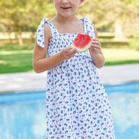 Little English traditional children's clothing. Blue and red floral print dress for girls for Summer. 4th of July outfit for little girls