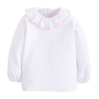 Little English classic children's clothing, girls white long sleeve blouse with white and pink ruffled collar