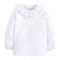 Little English classic children's clothing, girls white long sleeve blouse with white and pink ruffled collar