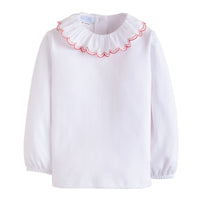 Little English classic children's clothing, girls white long sleeve blouse with white and red ruffled collar