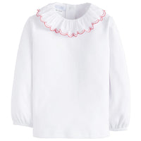 Little English classic children's clothing, girls white long sleeve blouse with white and red ruffled collar