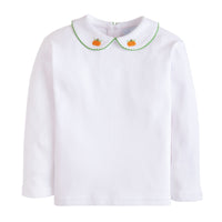 Little English classic knit shirt for little boys. White top with peter pan collar and pumpkin pinpoint on each side.