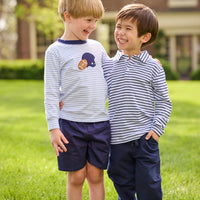 Little English traditional children's clothing. Light blue and navy Winslow Stripe long sleeve polo shirt paired with navy essential jogger. Light blue stripe long sleeve applique t-shirt with football and helmet applique paired with navy twill basic shorts.