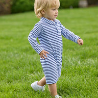 Little English traditional children's clothing. Navy and light blue Winslow stripe long sleeve, short legs romper with polo collar for baby boys
