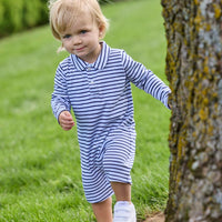 Little English traditional children's clothing. Navy and light blue Winslow stripe long sleeve, short legs romper with polo collar for baby boys