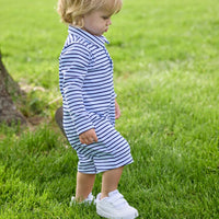 Little English traditional children's clothing. Navy and light blue Winslow stripe long sleeve, short legs romper with polo collar for baby boys