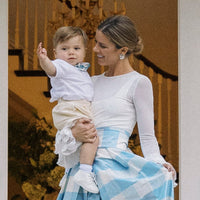 Little English X Luciana Emilia capsule collection bow tie for boys. Special Occasion accessory in 100% silk blue check