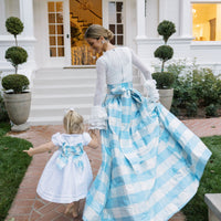Little English X Luciana Emilia capsule collection bow sash in 100% silk blue check. Special occasion dress accessory for girls paired with white peter pan formal dress