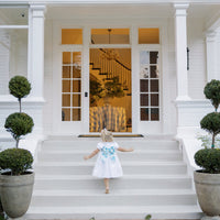 Little English X Luciana Emilia capsule collection bow sash in 100% silk blue check. Special occasion dress accessory for girls paired with white peter pan formal dress