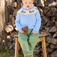 little english classic children's clothing light blue fair isle sweater with mallards along neck, printed turtleneck with mallard pattern, banded pant in watercress corduroy, boy outfits for fall