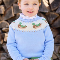 little english classic children's clothing light blue fair isle sweater with mallards along neck, printed turtleneck with mallard pattern, banded pant in watercress corduroy, boy outfits for fall