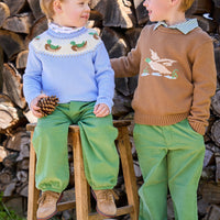 little english classic children's clothing light blue fair isle sweater with mallards along neck, printed turtleneck with mallard pattern, banded pant in watercress corduroy, intarsia sweater with flying mallard motif, long sleeve polo in watercress stripe, pull on pant in watercress corduroy, coordinating boy outfits for fall