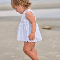 Little English traditional children's clothing. Light blue and white striped two-piece for baby girls with white ricrac trim