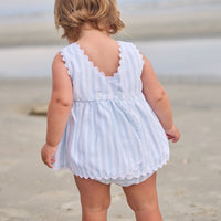 Little English traditional children's clothing. Light blue and white striped two-piece for baby girls with white ricrac trim
