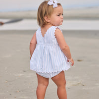 Little English traditional children's clothing. Light blue and white striped two-piece for baby girls with white ricrac trim