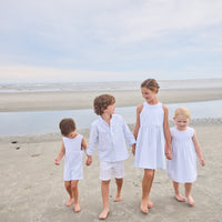 Little English traditional children's clothing. Mandarin collar button down shirt for boys with light blue and white stripes