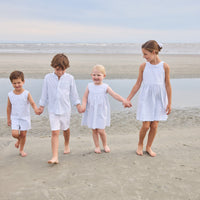 Little English traditional children's clothing. Light blue and white striped sleeveless dress with white ricrac trim for little girls