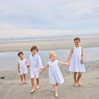 Little English traditional children's clothing. Light blue and white striped sleeveless dress with white ricrac trim for little girls