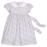 little english classic children's clothing girls gray and pink floral dress with bow in the back and peter pan collar for fall