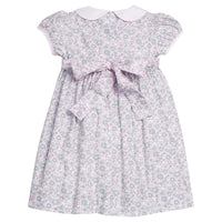 little english classic children's clothing girls gray and pink floral dress with bow in the back and peter pan collar for fall
