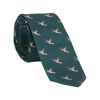 Little English traditional children's clothing. Boy's hunter green patterned neck tie with mallards for formal occasions.