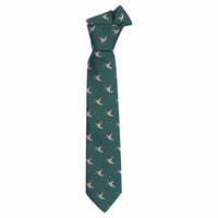 Little English traditional children's clothing. Boy's hunter green patterned neck tie with mallards for formal occasions.