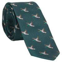 Little English traditional children's clothing. Boy's hunter green patterned neck tie with mallards for formal occasions.