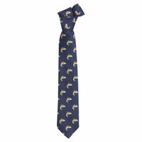 Little English traditional children's clothing. Boy's navy patterned neck tie with trout for formal occasions.