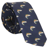 Little English traditional children's clothing. Boy's navy patterned neck tie with trout for formal occasions.