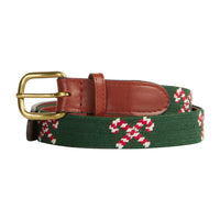 Little English x Smathers and Branson boy's needlepoint belt with crossed candy canes on a green background for fall. Holiday belt for boys