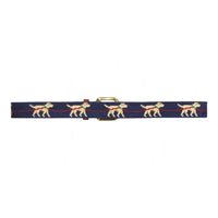 Little English traditional children's clothing. Navy needlepoint belt with labrador rein-dogs and santa's sleigh for the holidays