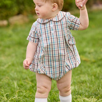 Little English traditional children's clothing. Short sleeve peter pan bubble in brown, blue, and pink Wilmington Plaid for baby boys with button tabs and corduroy piping.