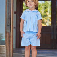 Little English traditional children's clothing, Little boy's light blue woven peter pan short set for Spring