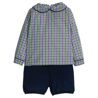 little english classic children's clothing, boys green, purple, and white plaid peter pan top with navy corduroy piping and matching shorts for fall