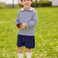 little english classic children's clothing boys green, purple, and white plaid peter pan top with navy corduroy piping and matching shorts for fall
