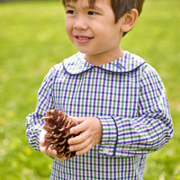 little english classic children's clothing boys green, purple, and white plaid peter pan top with navy corduroy piping and matching shorts for fall
