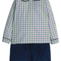 little english classic children's clothing, boys green, purple, and white plaid peter pan top with navy corduroy piping and matching shorts for fall