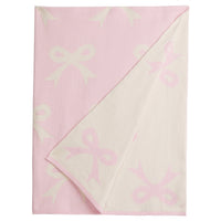 Little English giftable nursery accessory, reversible knit nursery blanket with light pink and cream bow print